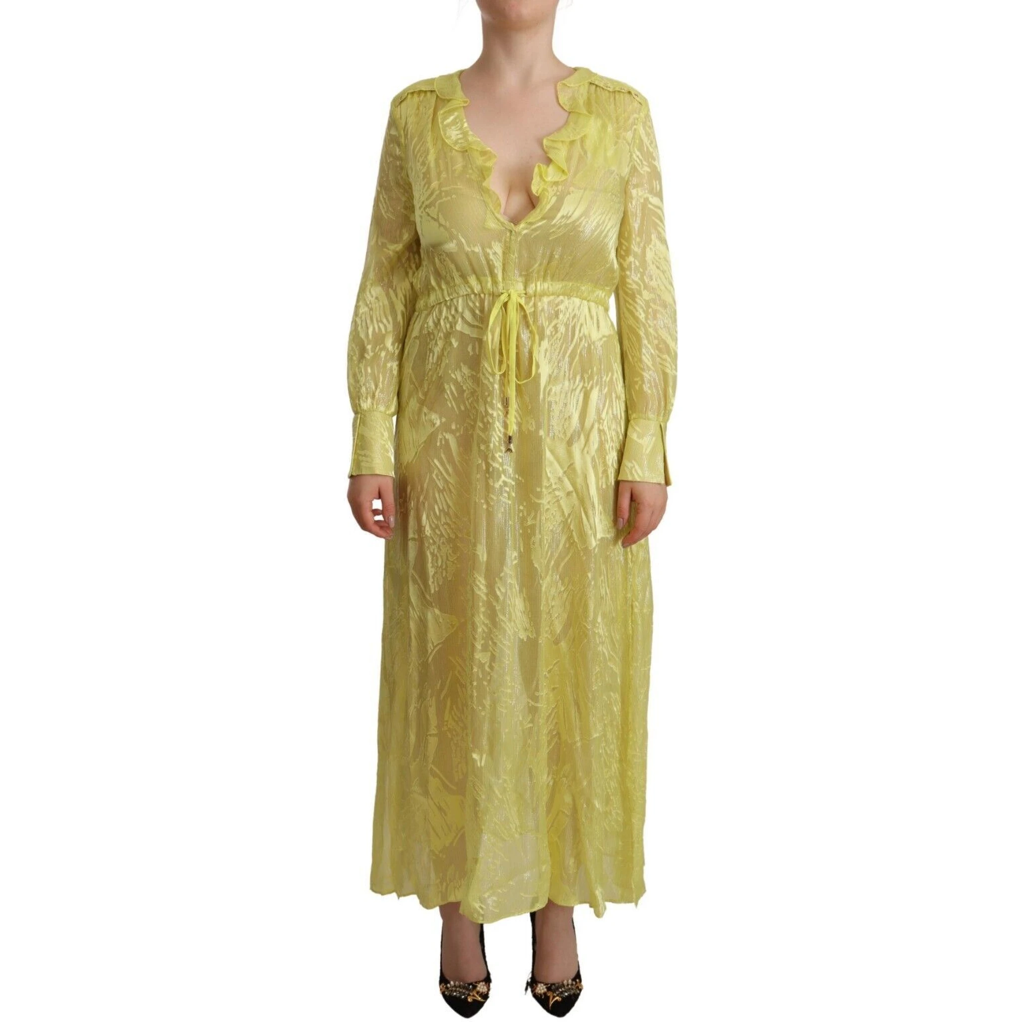 Yellow Silk Long Sleeves Plunging Maxi Dress