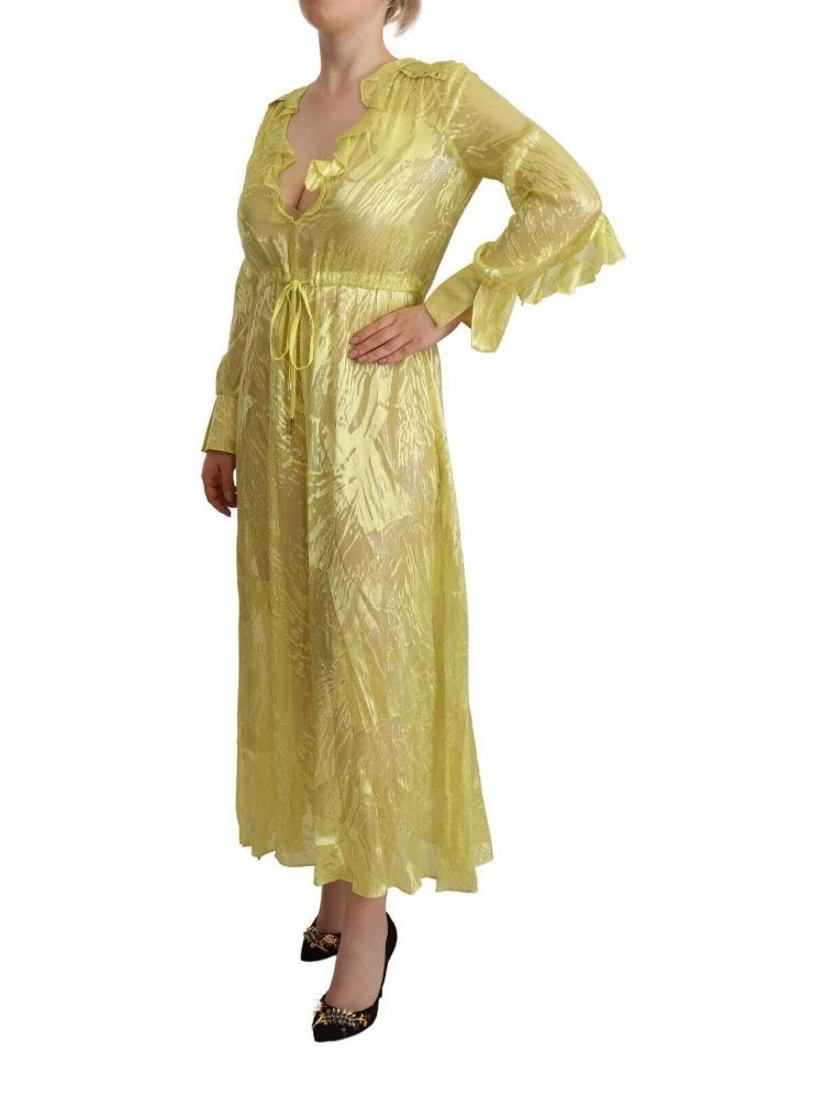 Yellow Silk Long Sleeves Plunging Maxi Dress alternative