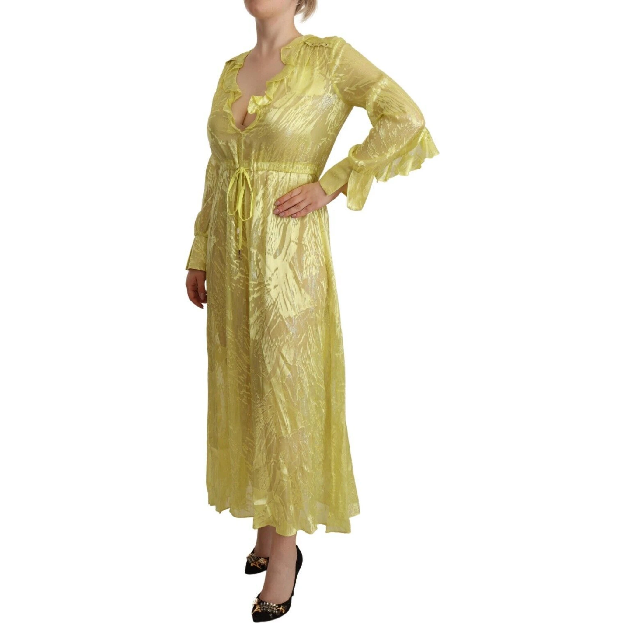Yellow Silk Long Sleeves Plunging Maxi Dress