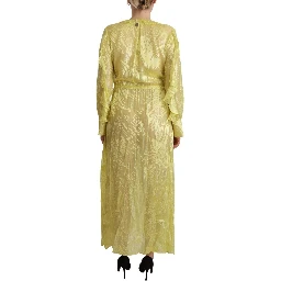 Yellow Silk Long Sleeves Plunging Maxi Dress