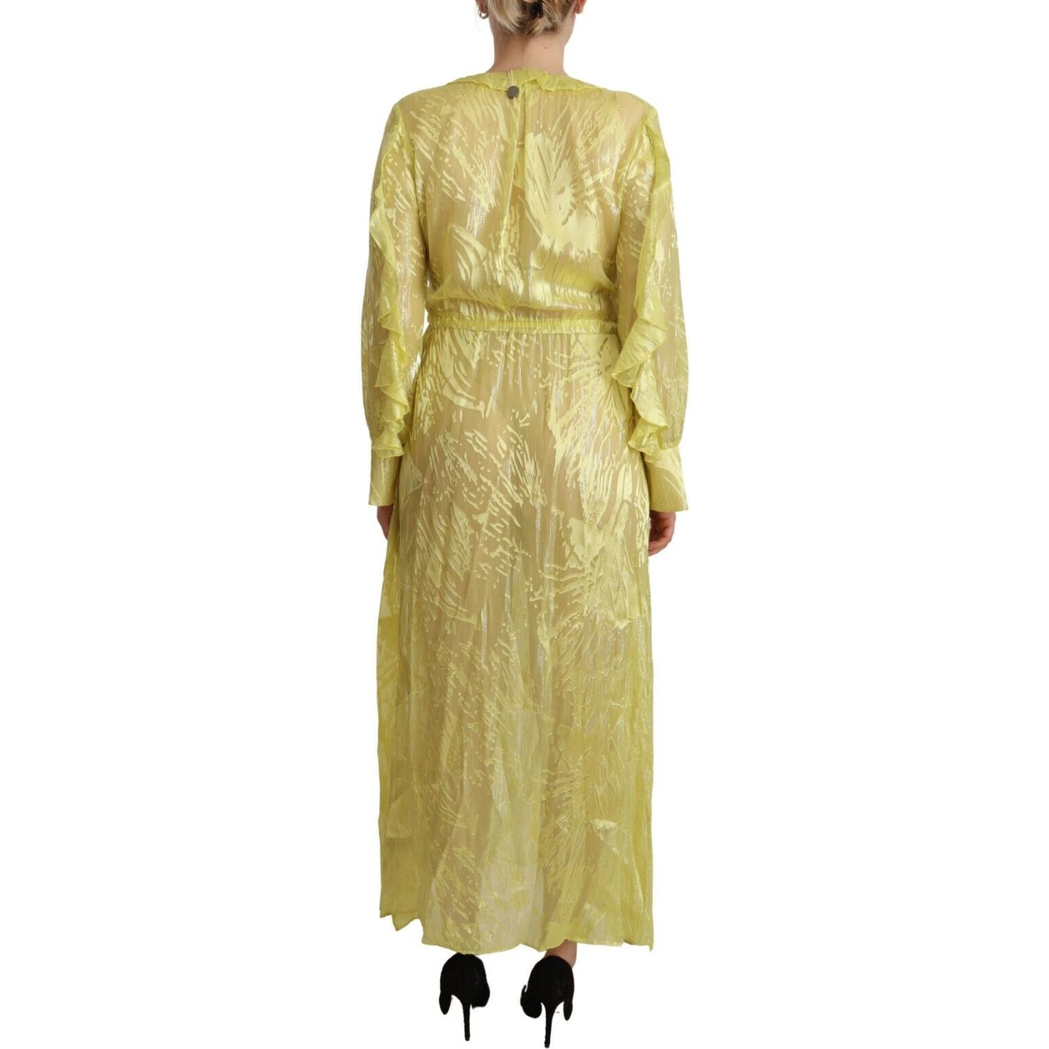 Yellow Silk Long Sleeves Plunging Maxi Dress