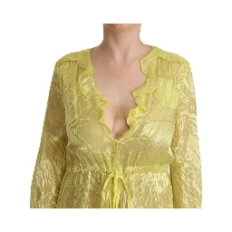 Yellow Silk Long Sleeves Plunging Maxi Dress