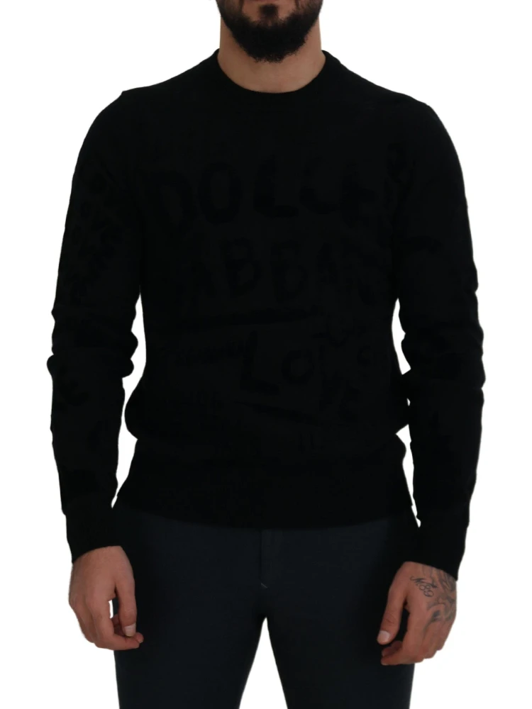 Black Wool Logo Pattern Crewneck Pullover Sweater