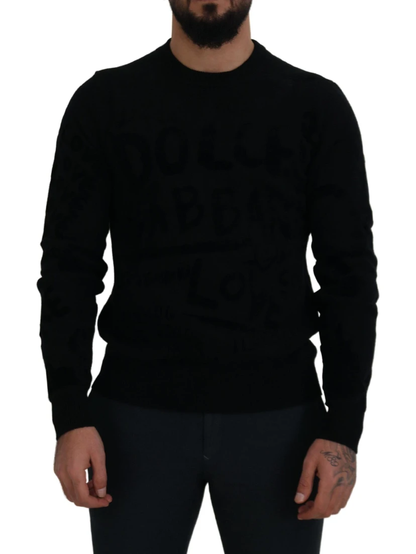 Black Wool Logo Pattern Crewneck Pullover Sweater