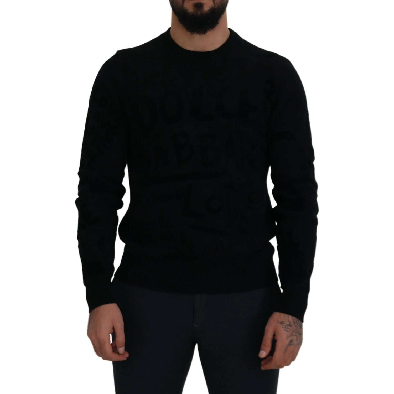 Black Wool Logo Pattern Crewneck Pullover Sweater