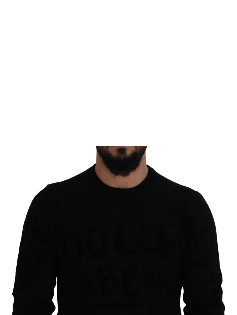 Black Wool Logo Pattern Crewneck Pullover Sweater