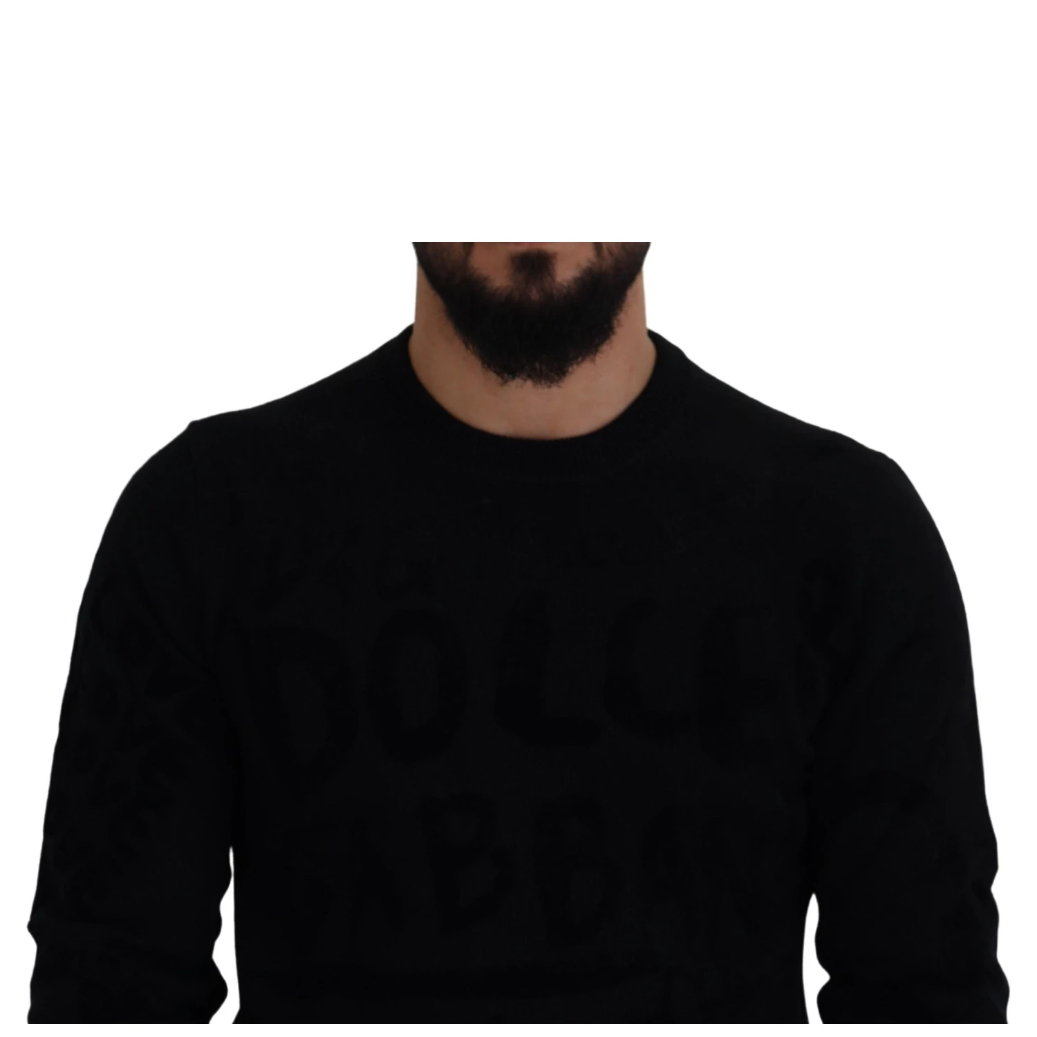 Black Wool Logo Pattern Crewneck Pullover Sweater