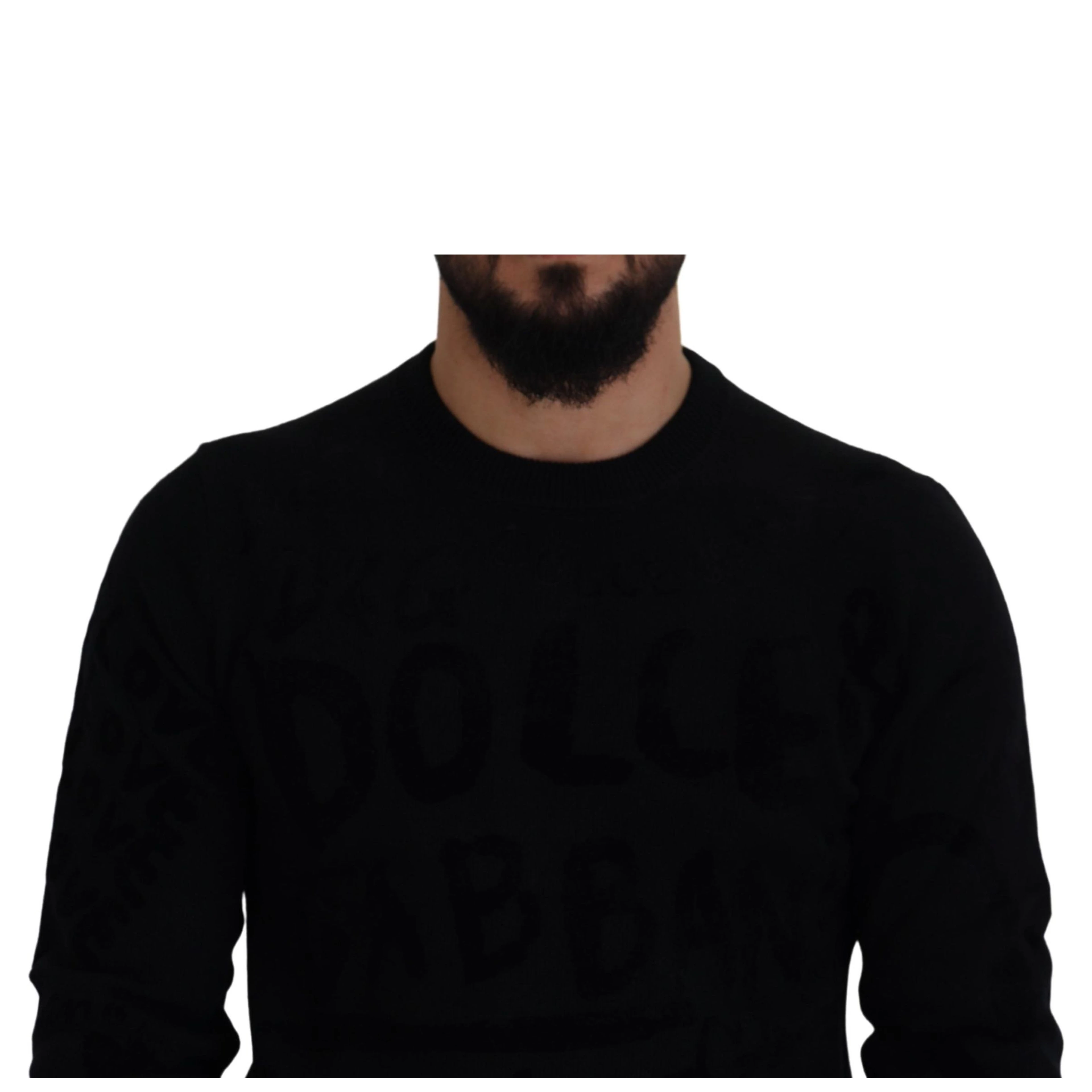 Black Wool Logo Pattern Crewneck Pullover Sweater