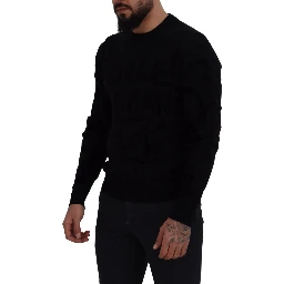 Black Wool Logo Pattern Crewneck Pullover Sweater