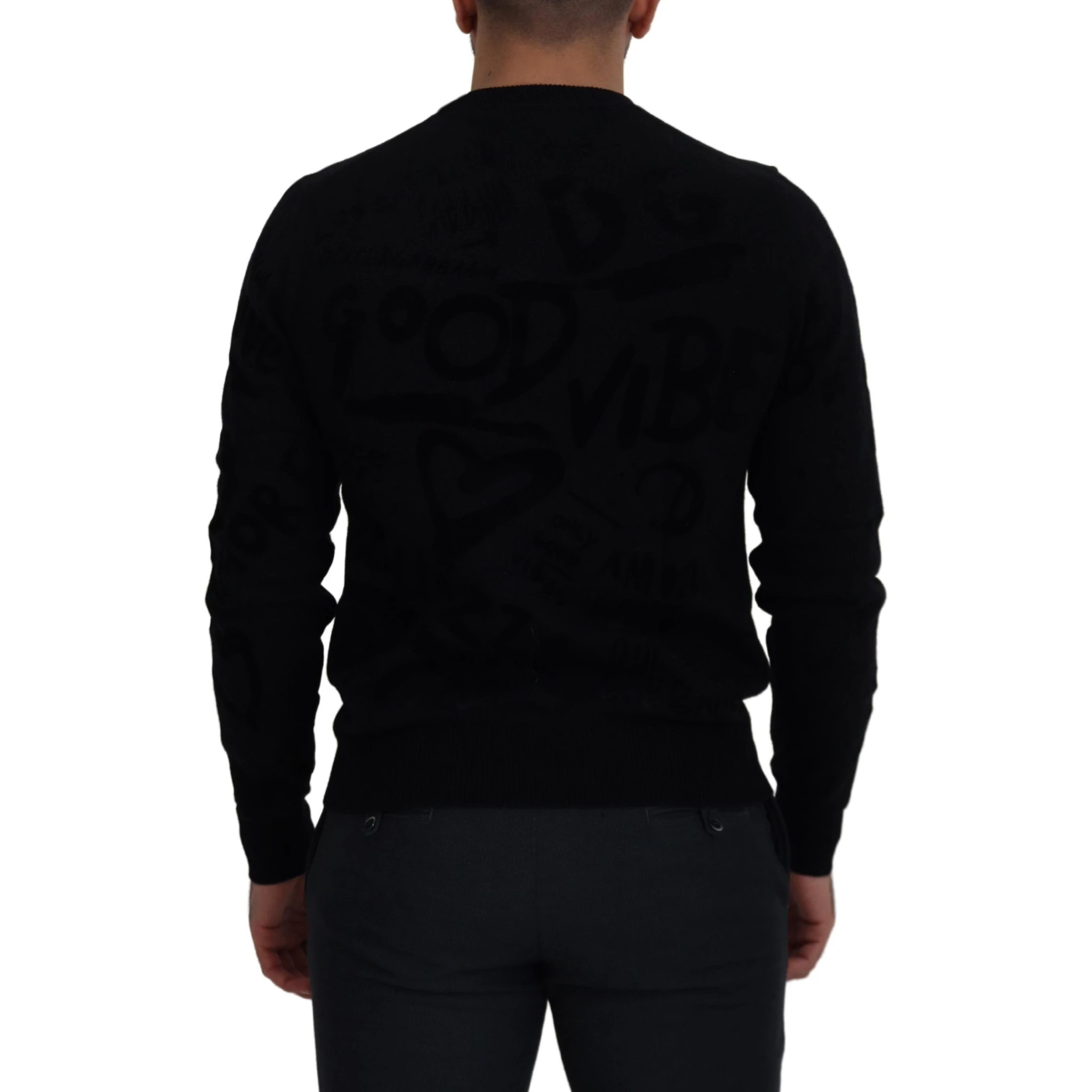 Black Wool Logo Pattern Crewneck Pullover Sweater