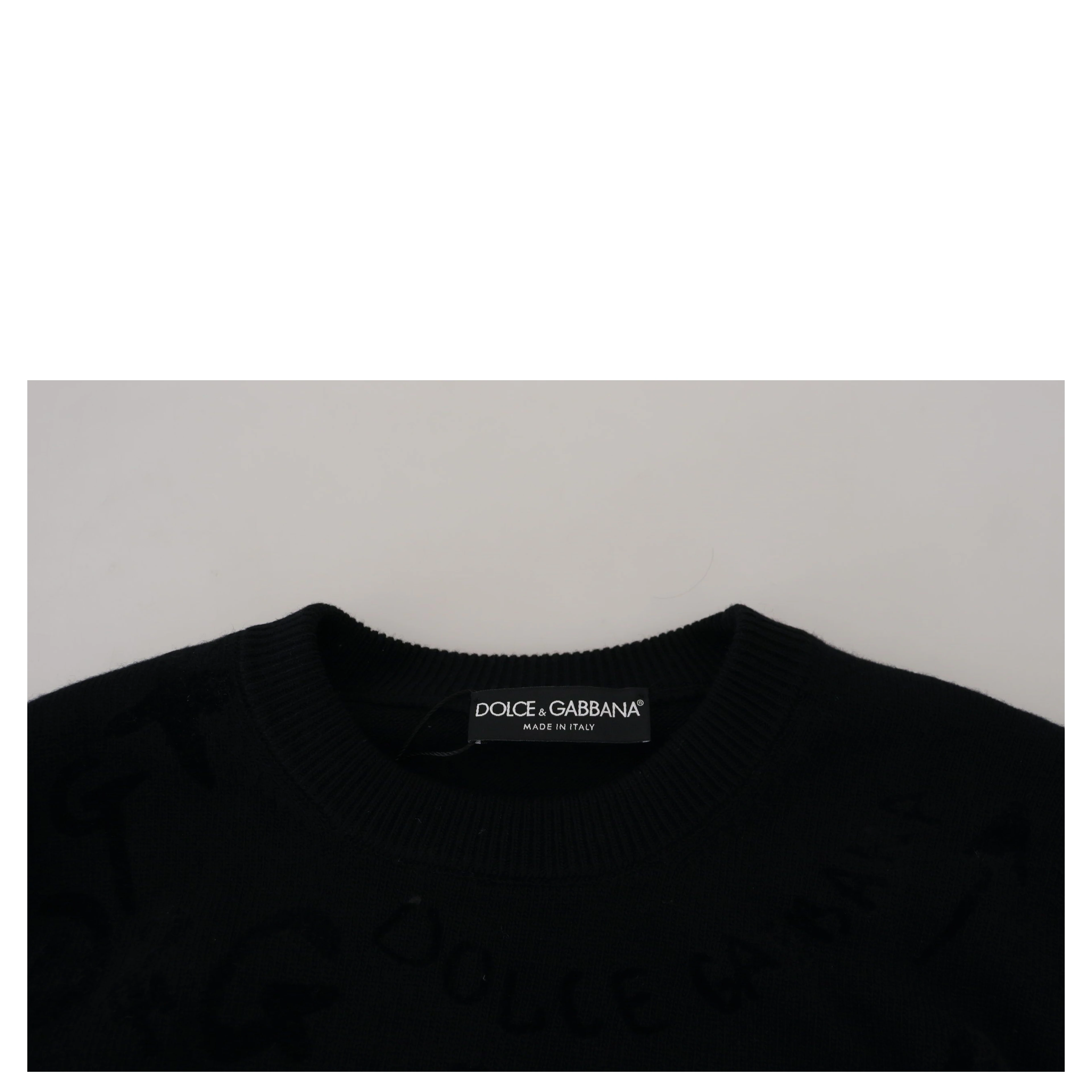 Black Wool Logo Pattern Crewneck Pullover Sweater