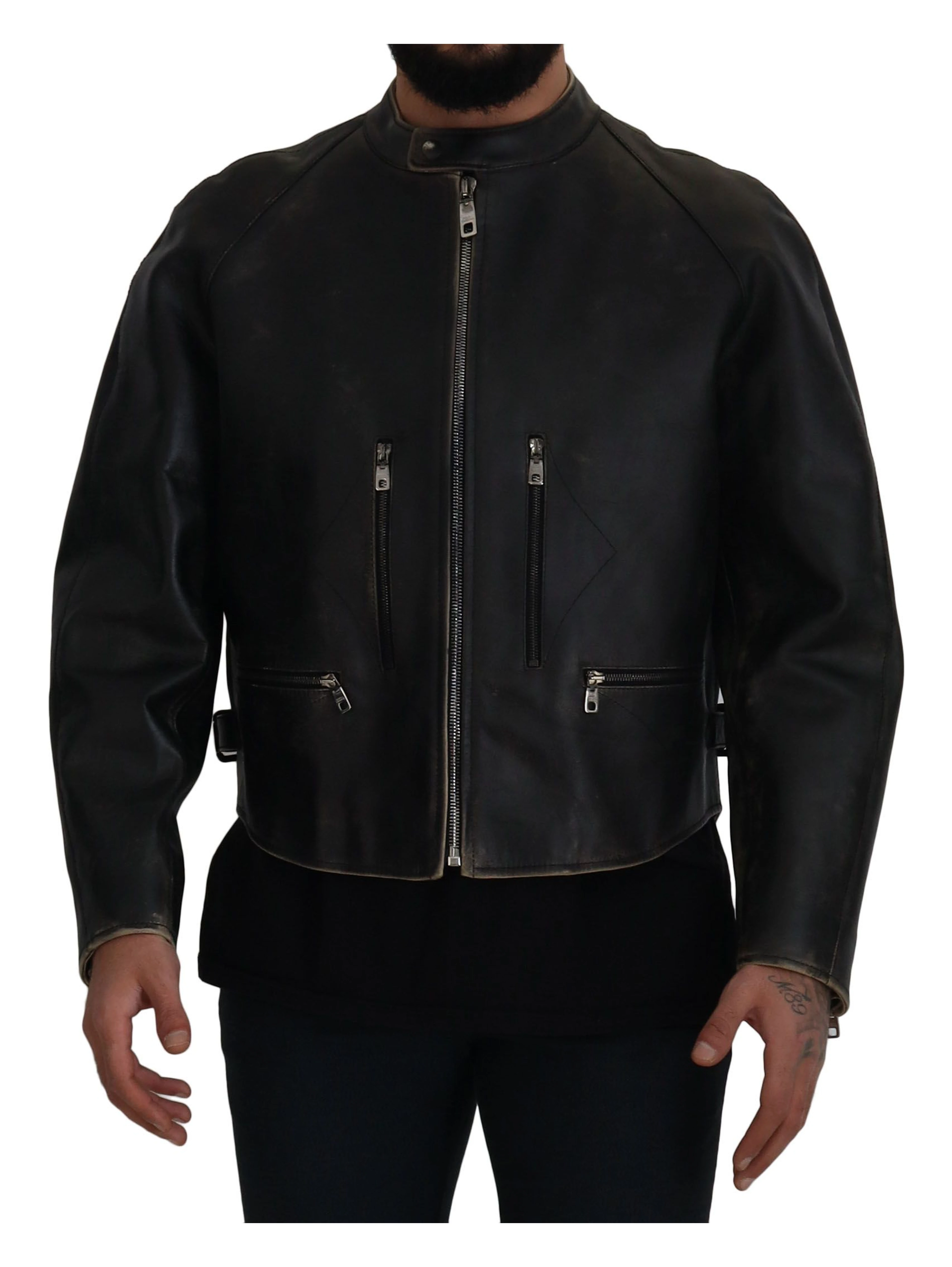 Black Leather Zipper Biker Coat Jacket