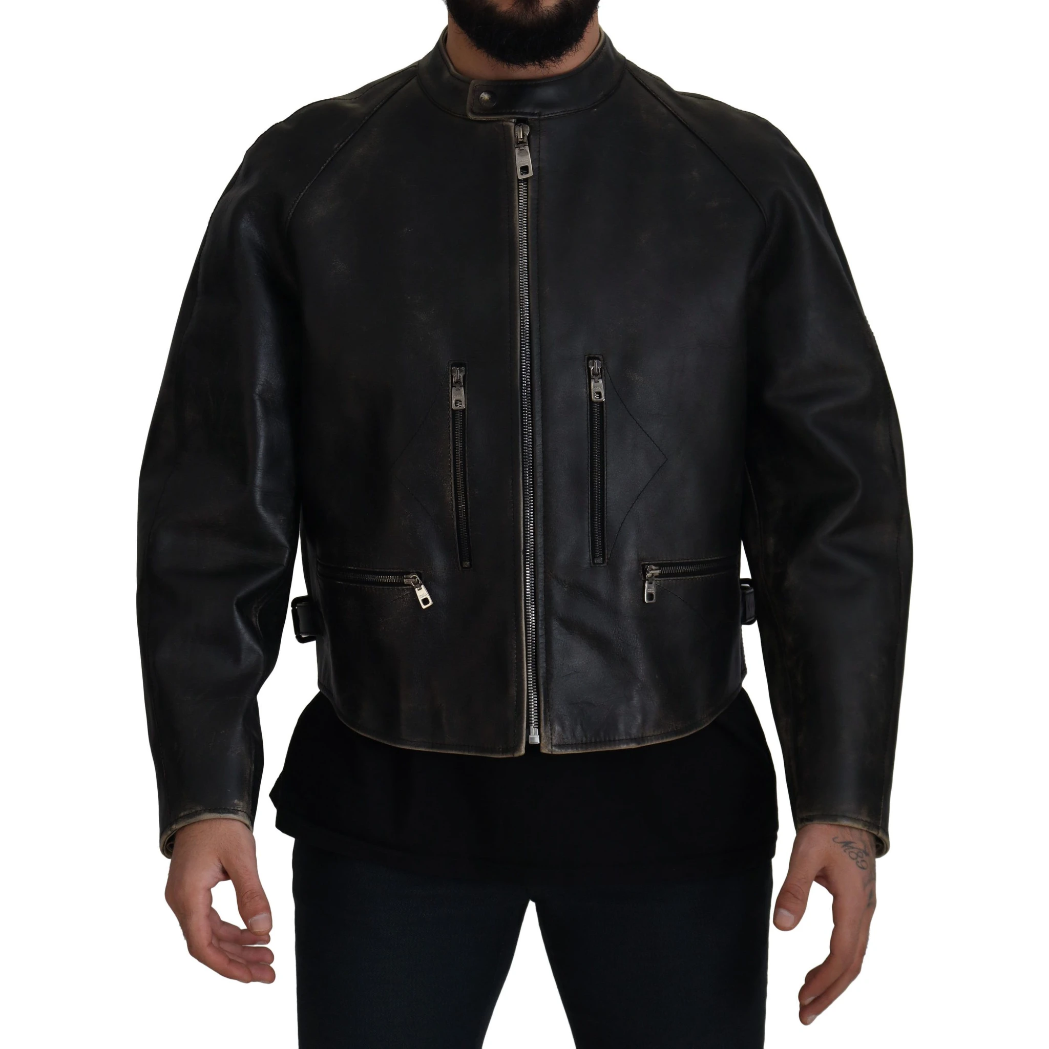 Black Leather Zipper Biker Coat Jacket