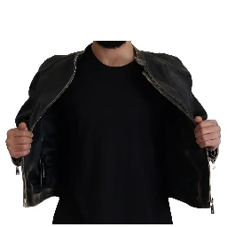 Black Leather Zipper Biker Coat Jacket