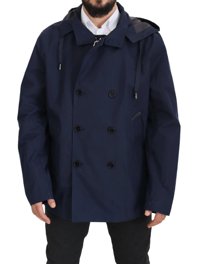 Blue Hooded Double Breasted Coat Jacket