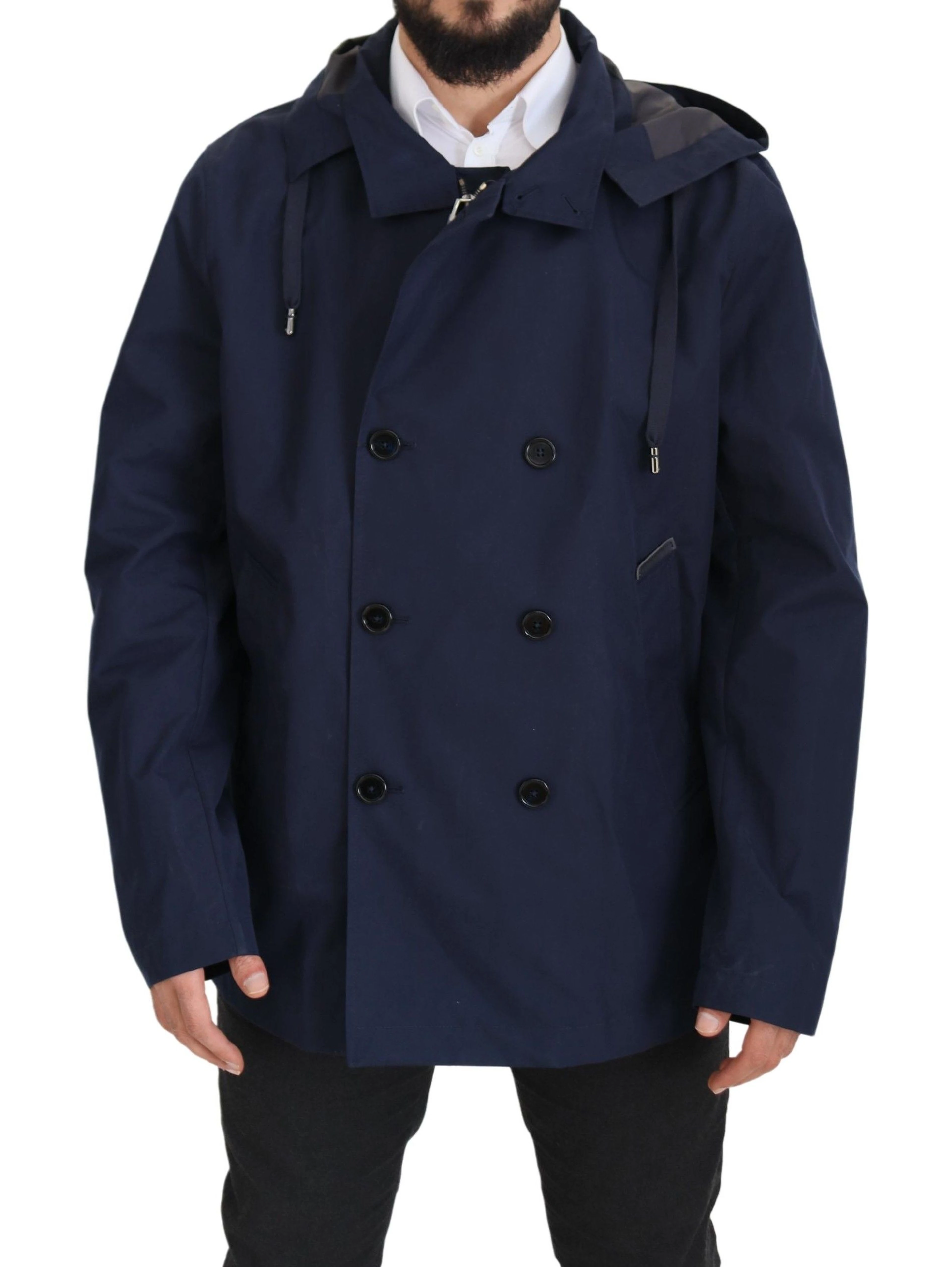 Blue Hooded Double Breasted Coat Jacket
