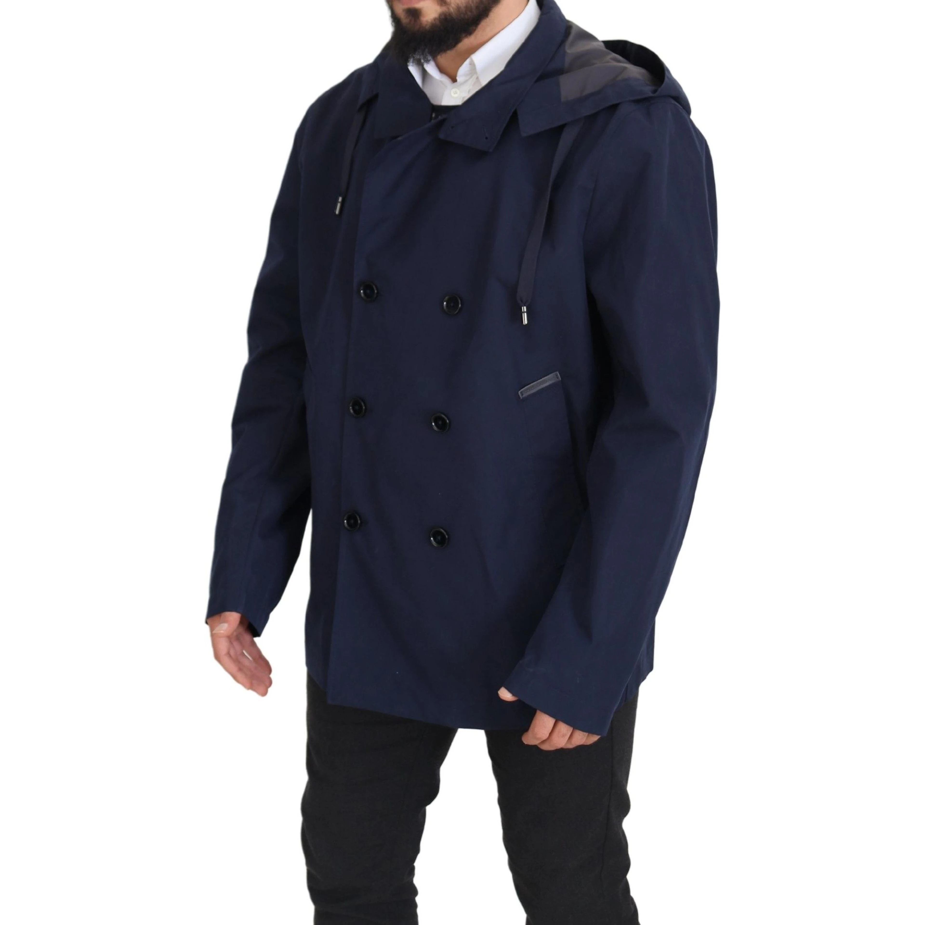 Blue Hooded Double Breasted Coat Jacket