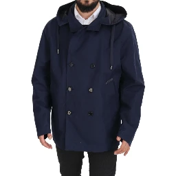 Blue Hooded Double Breasted Coat Jacket