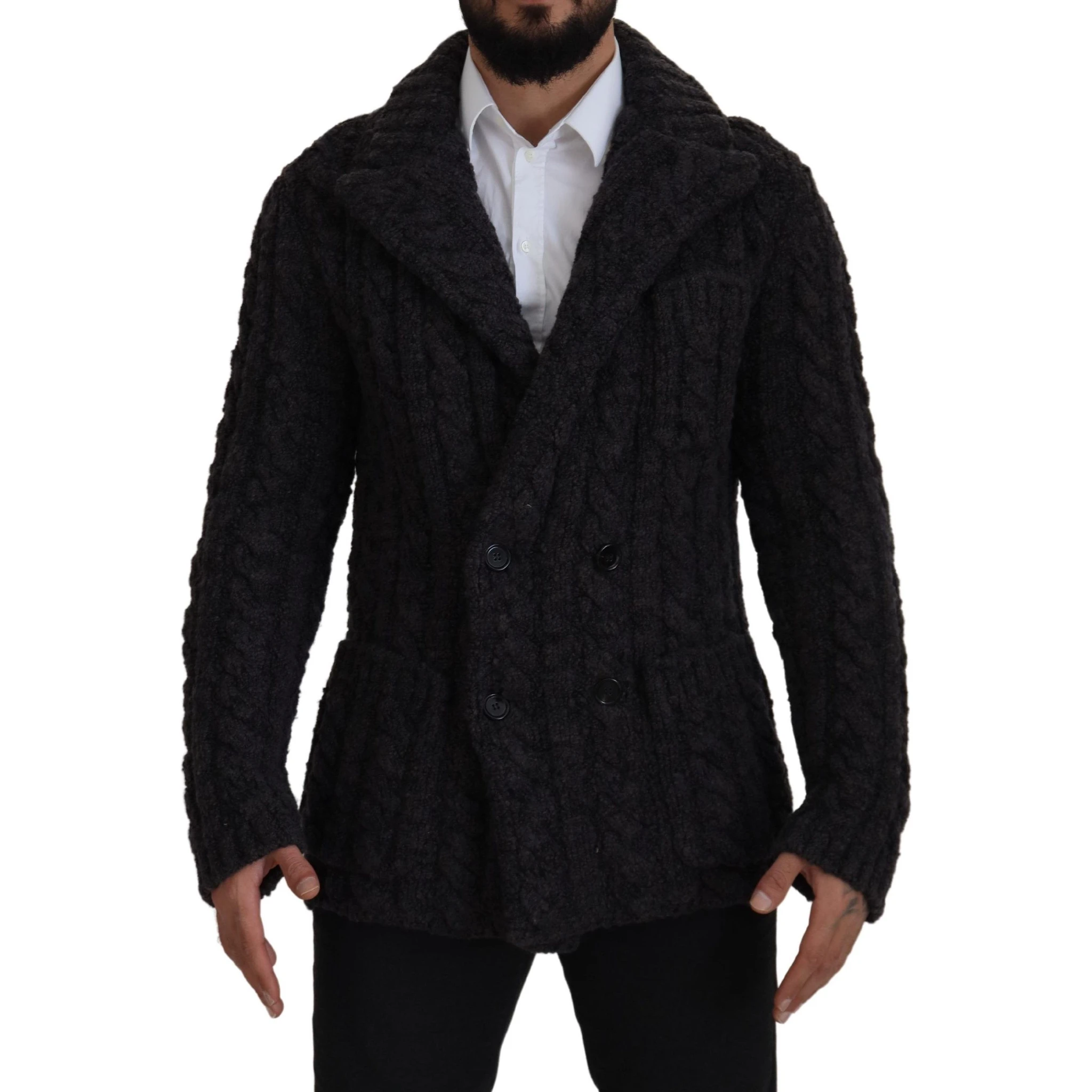 Black Wool Knit Double Breasted Coat Jacket