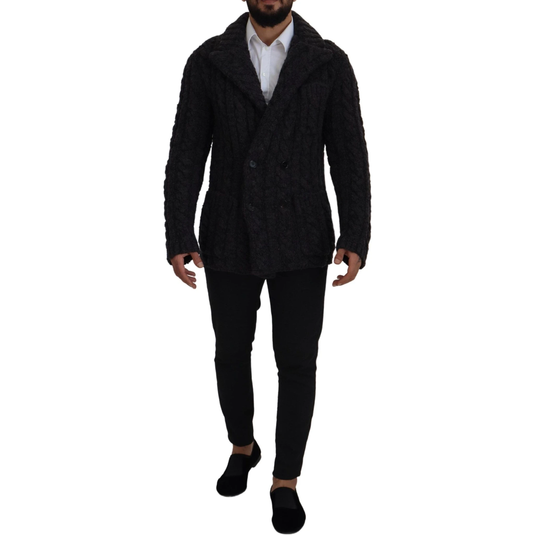 Black Wool Knit Double Breasted Coat Jacket