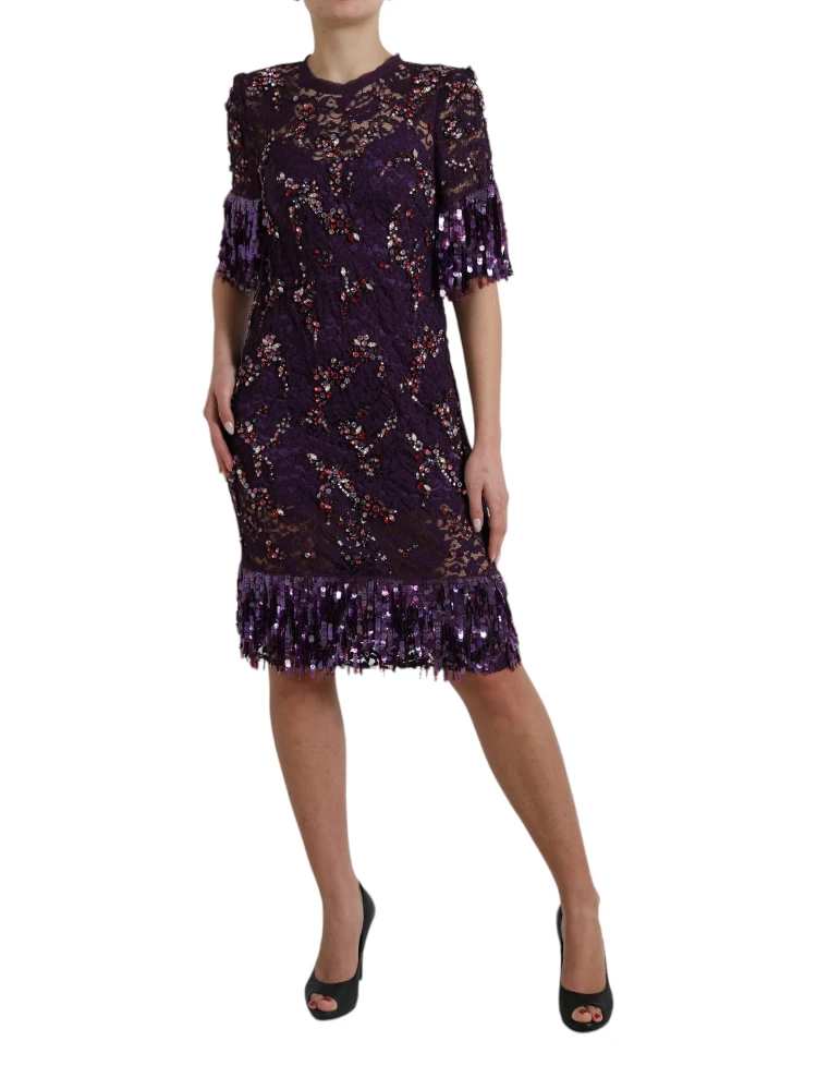 Purple floral lace crystal embedded dress