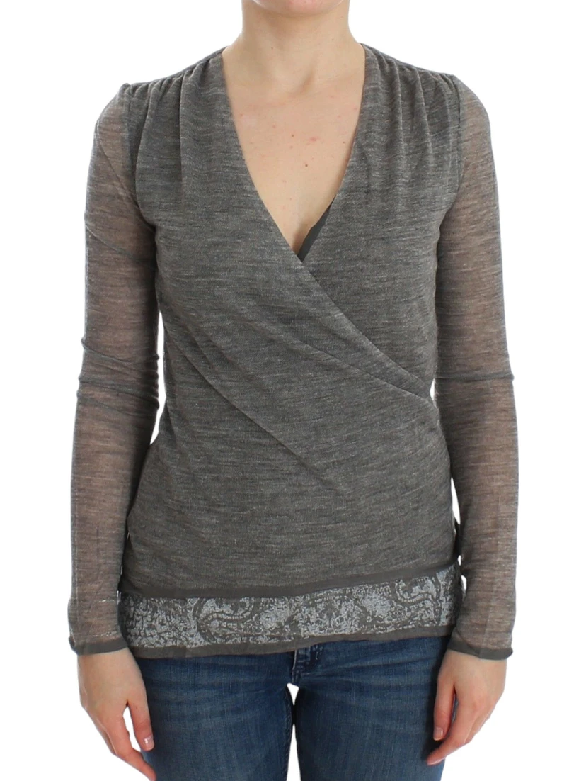 Gray Wool Blend Stretch Long Sleeve Sweater