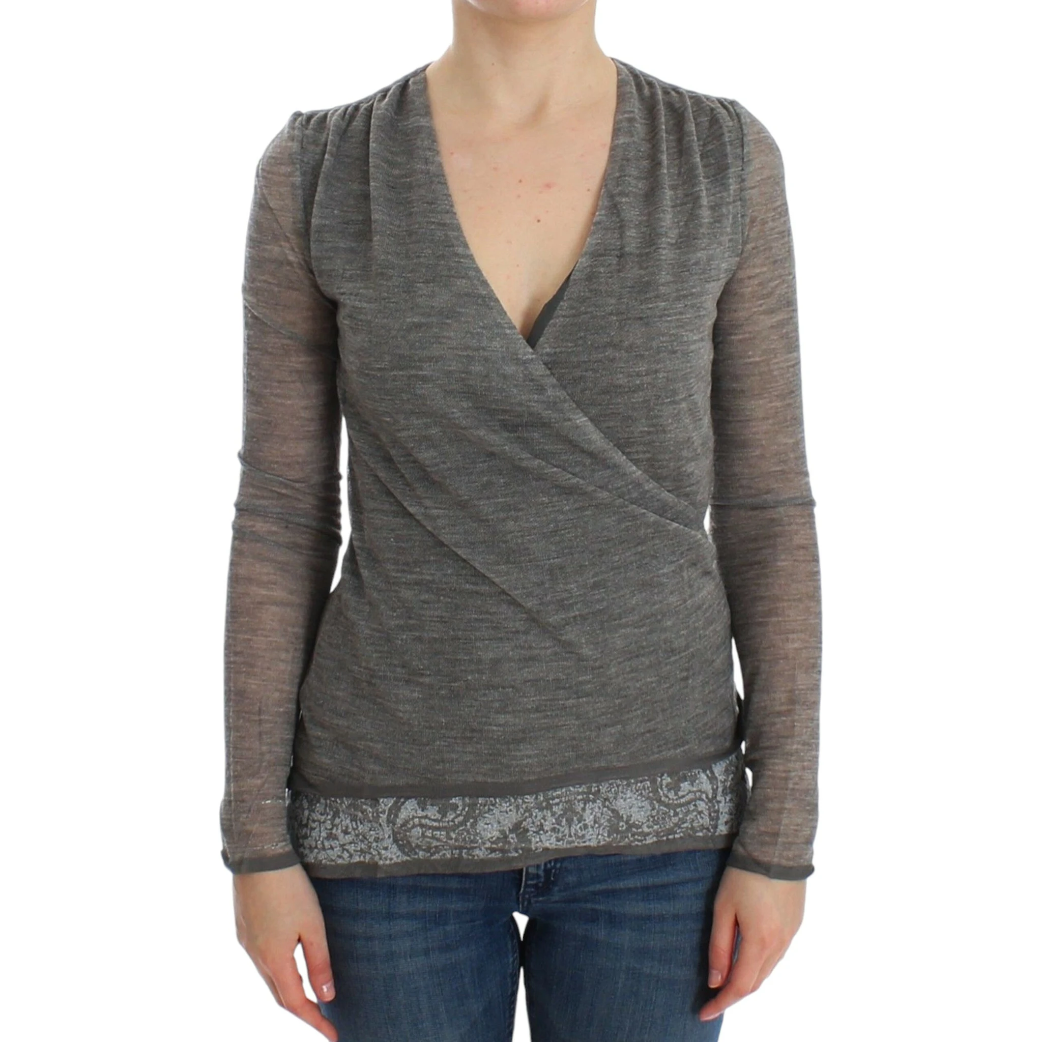 Gray Wool Blend Stretch Long Sleeve Sweater
