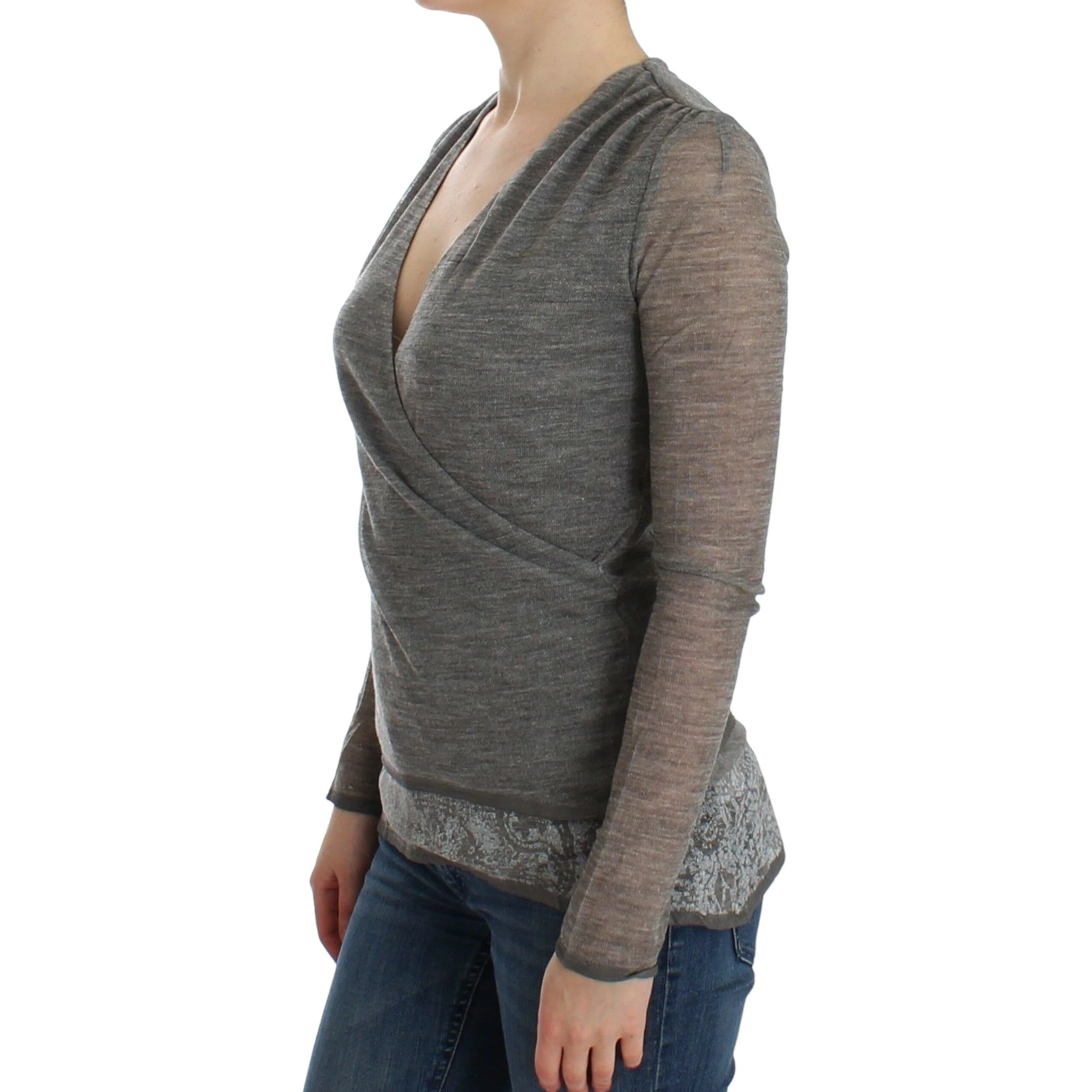 Gray Wool Blend Stretch Long Sleeve Sweater