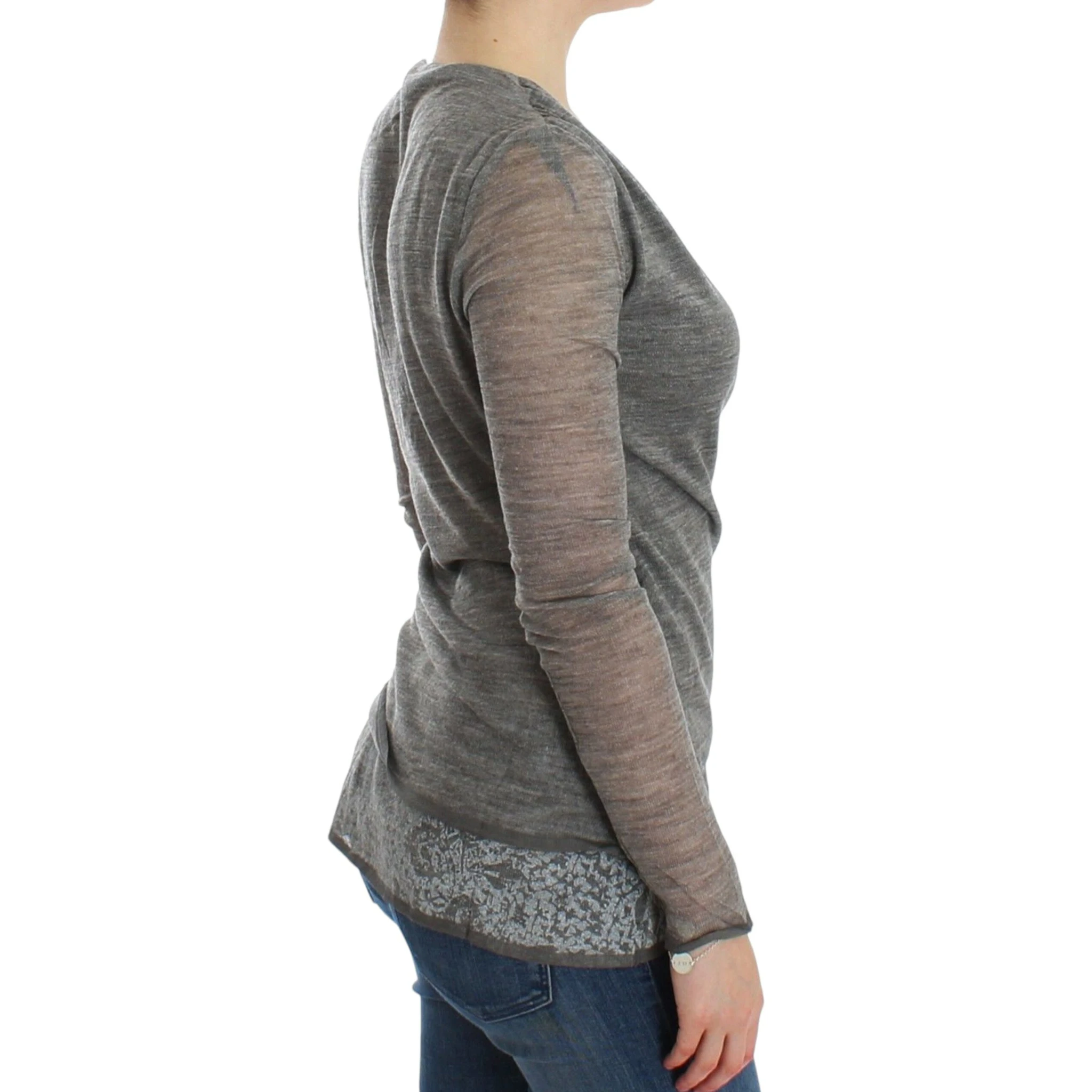Gray Wool Blend Stretch Long Sleeve Sweater