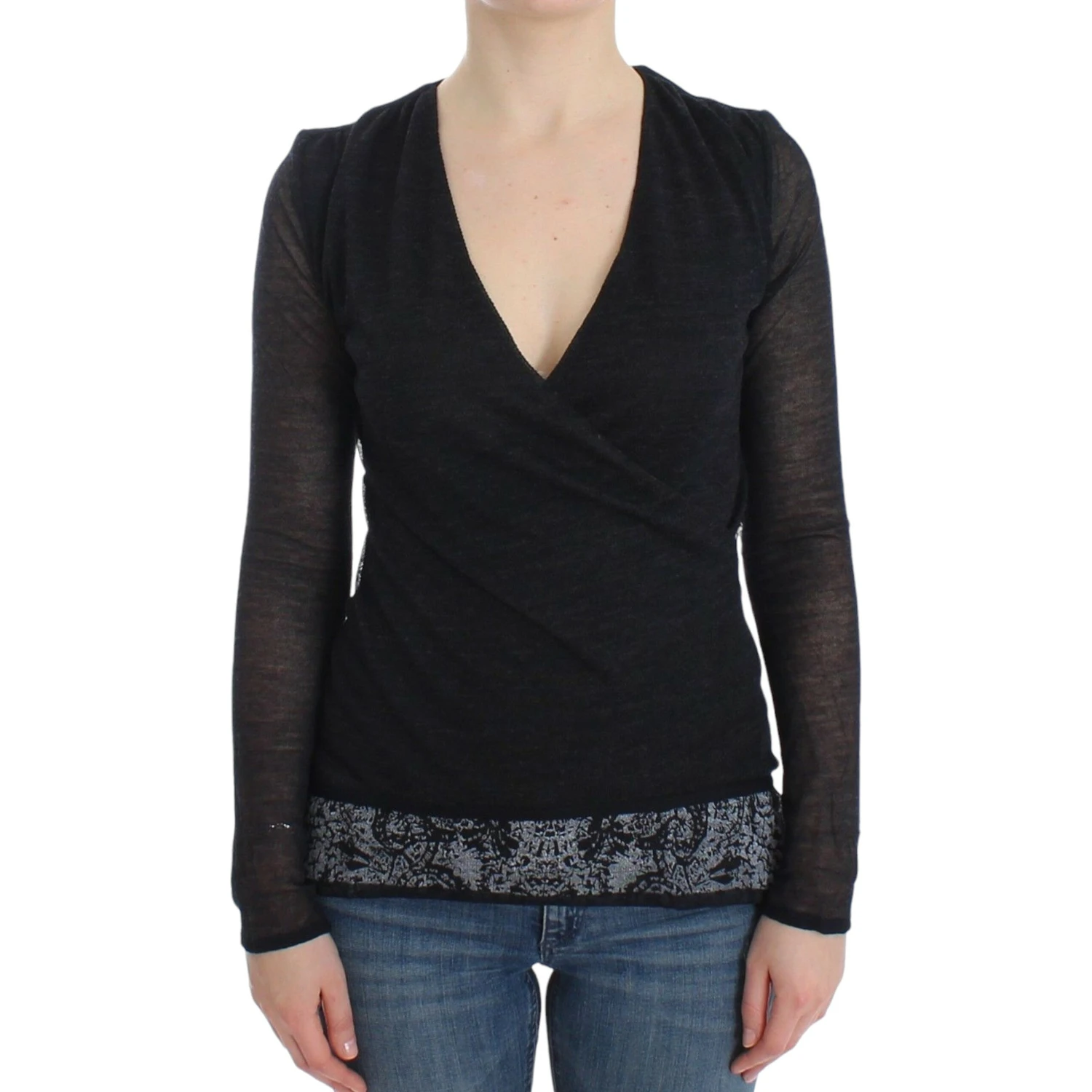 Black Wool Blend Stretch Long Sleeve Sweater