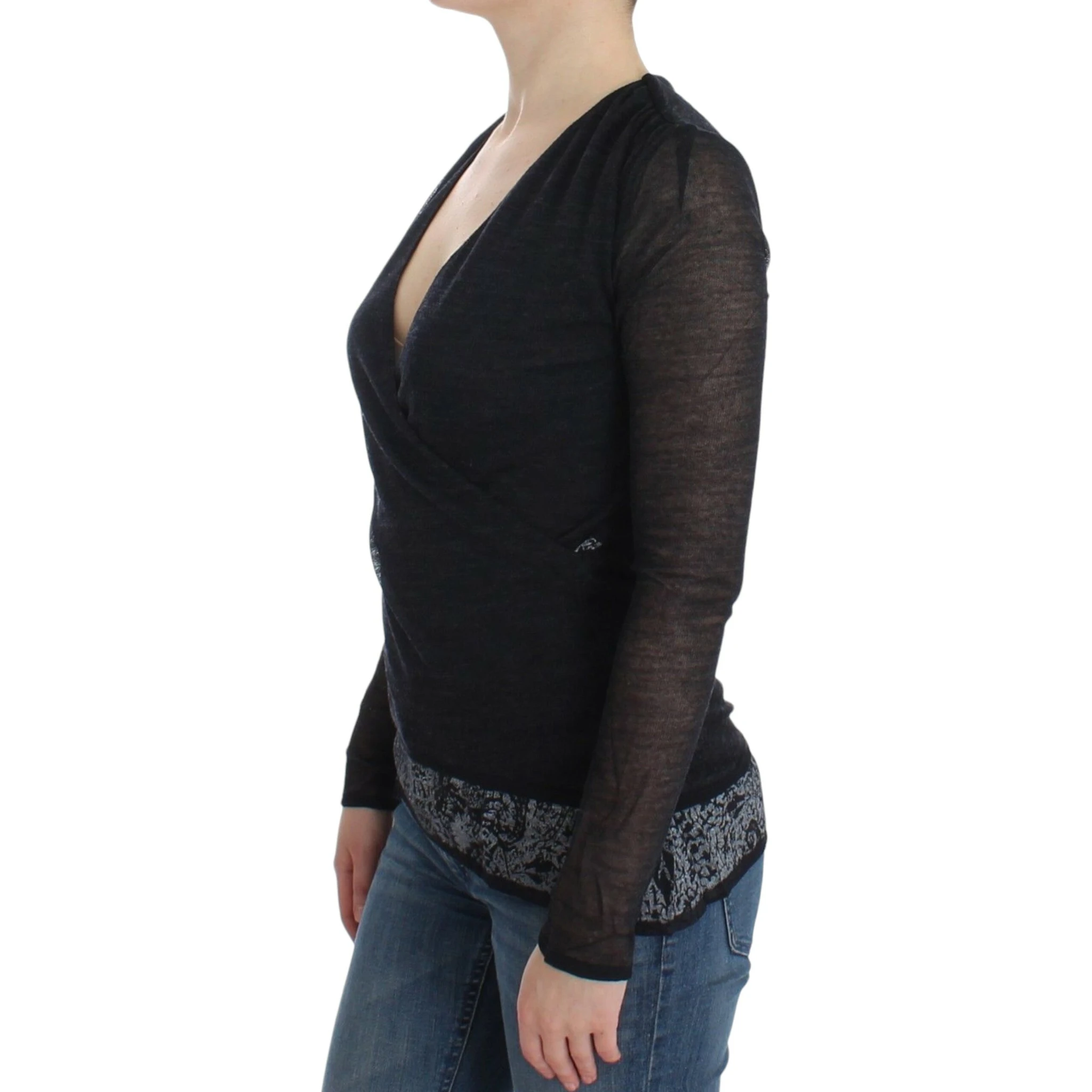 Black Wool Blend Stretch Long Sleeve Sweater