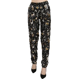 Black Jazz Club Print High Waist Tapered Pants