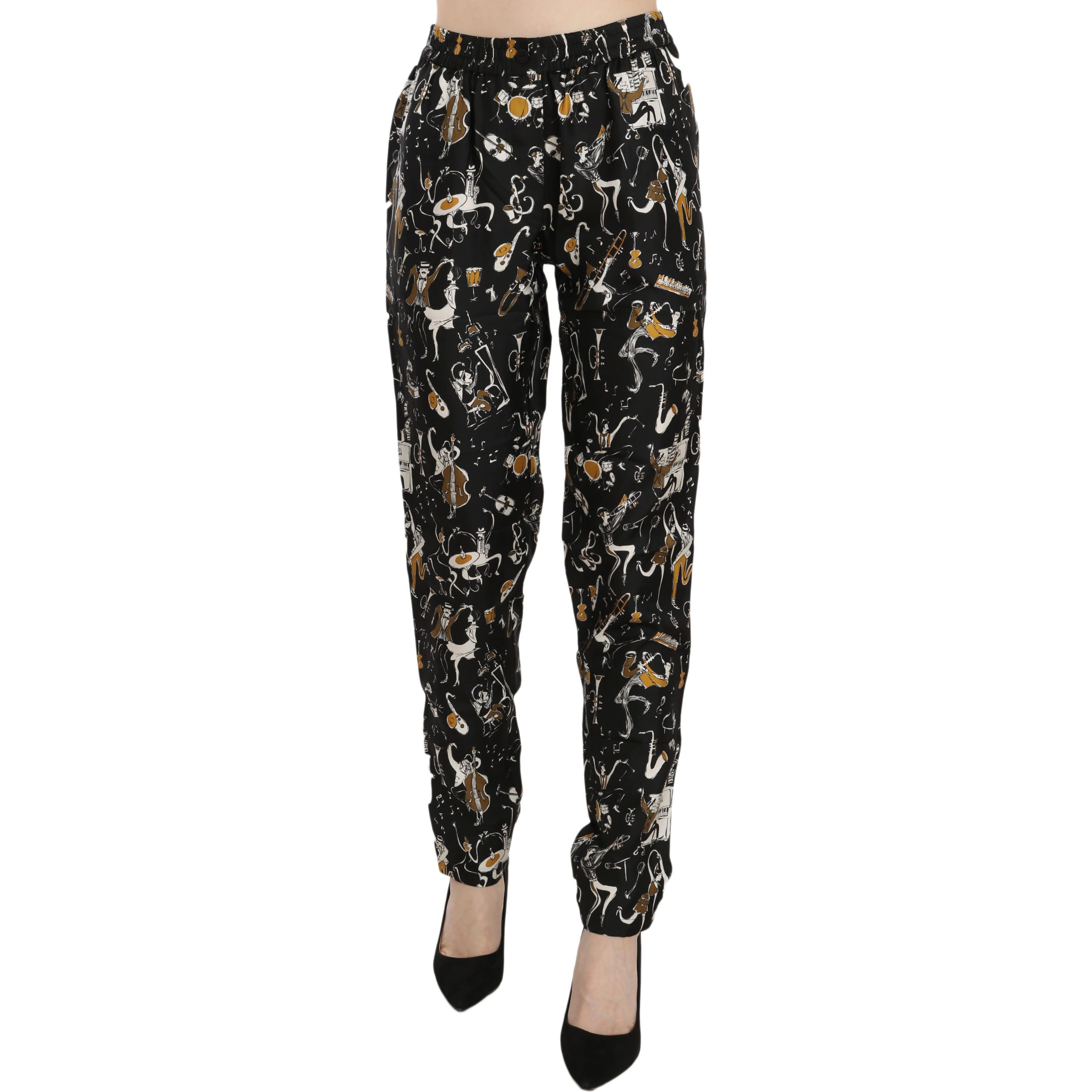 Black Jazz Club Print High Waist Tapered Pants