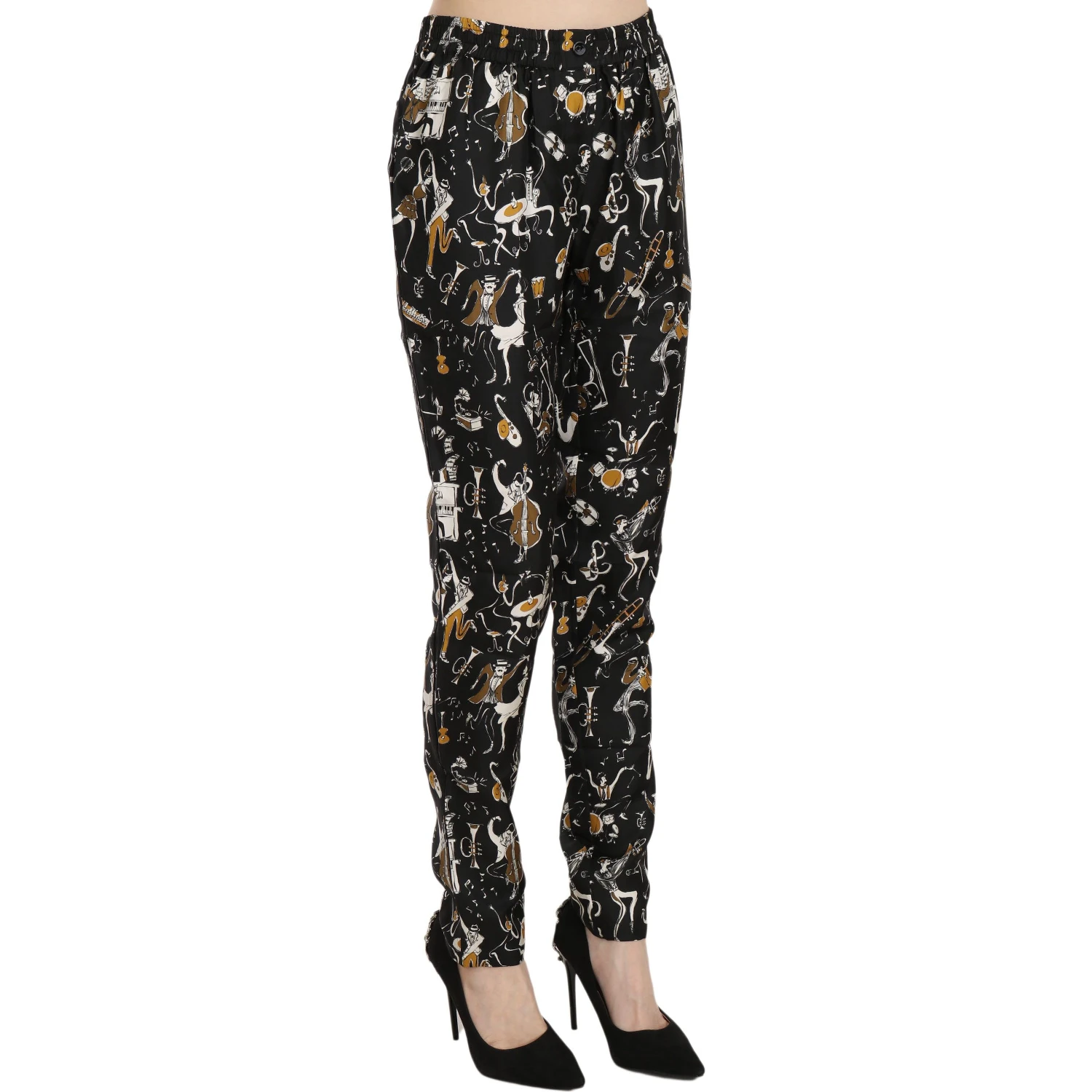 Black Jazz Club Print High Waist Tapered Pants