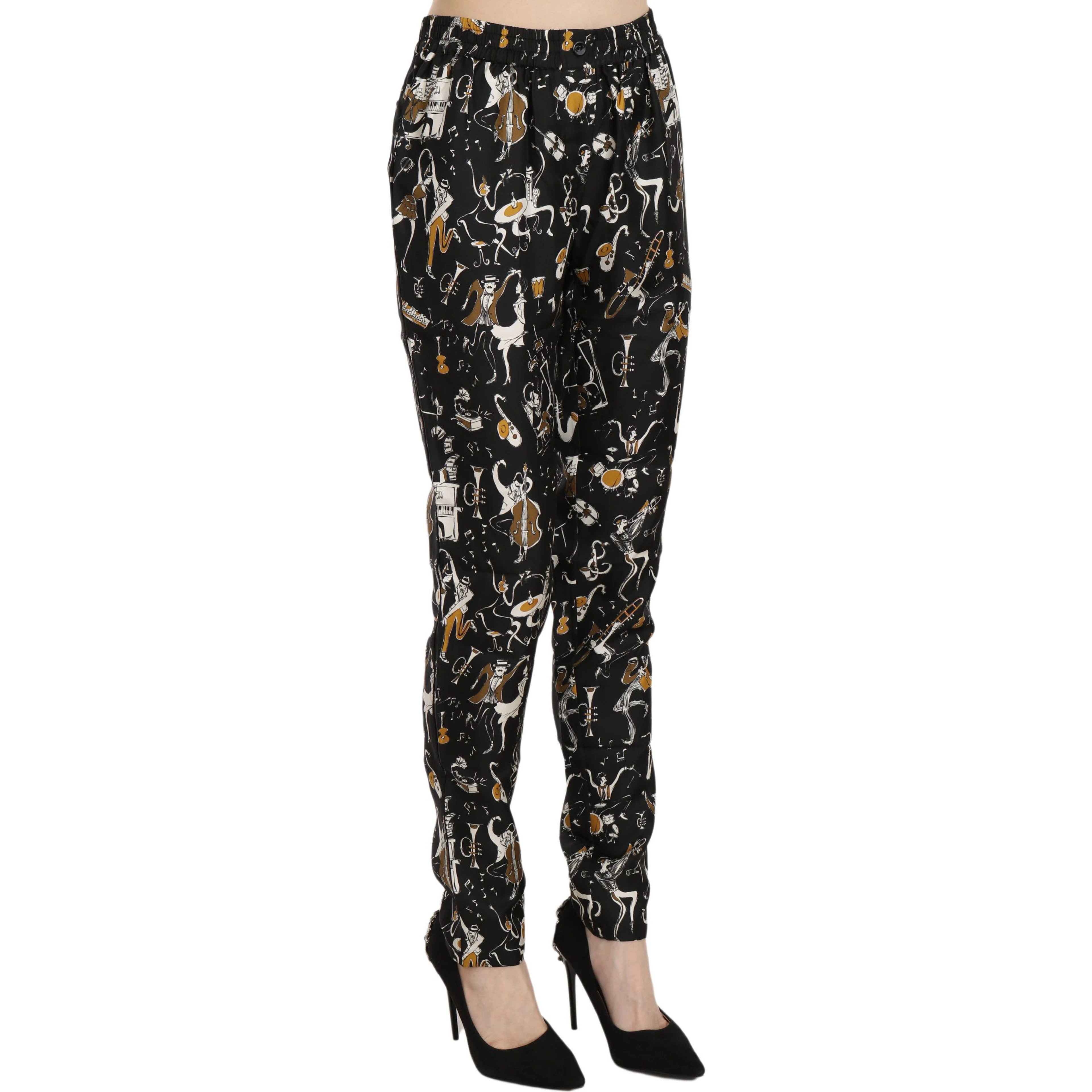 Black Jazz Club Print High Waist Tapered Pants