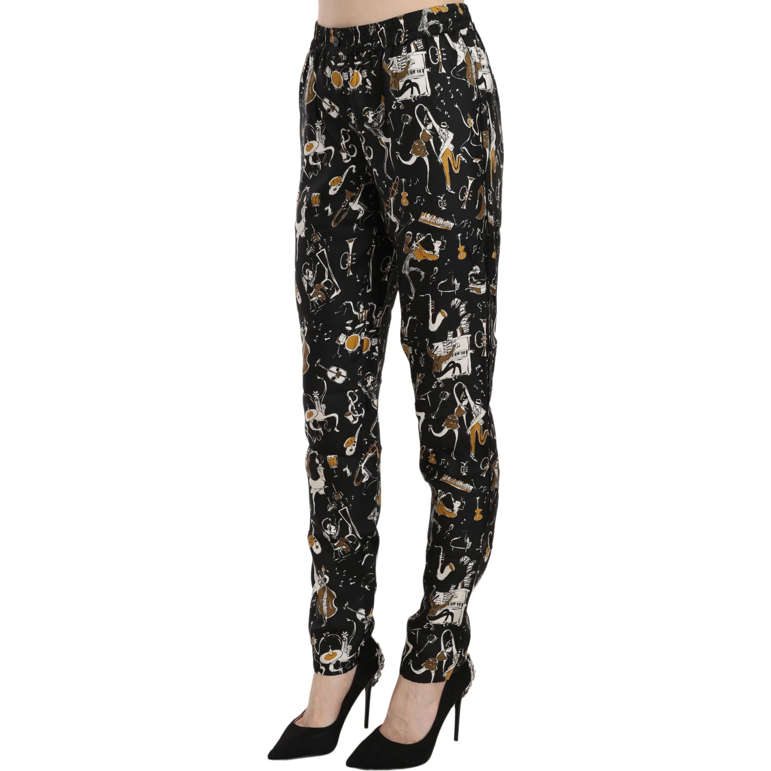 Black Jazz Club Print High Waist Tapered Pants