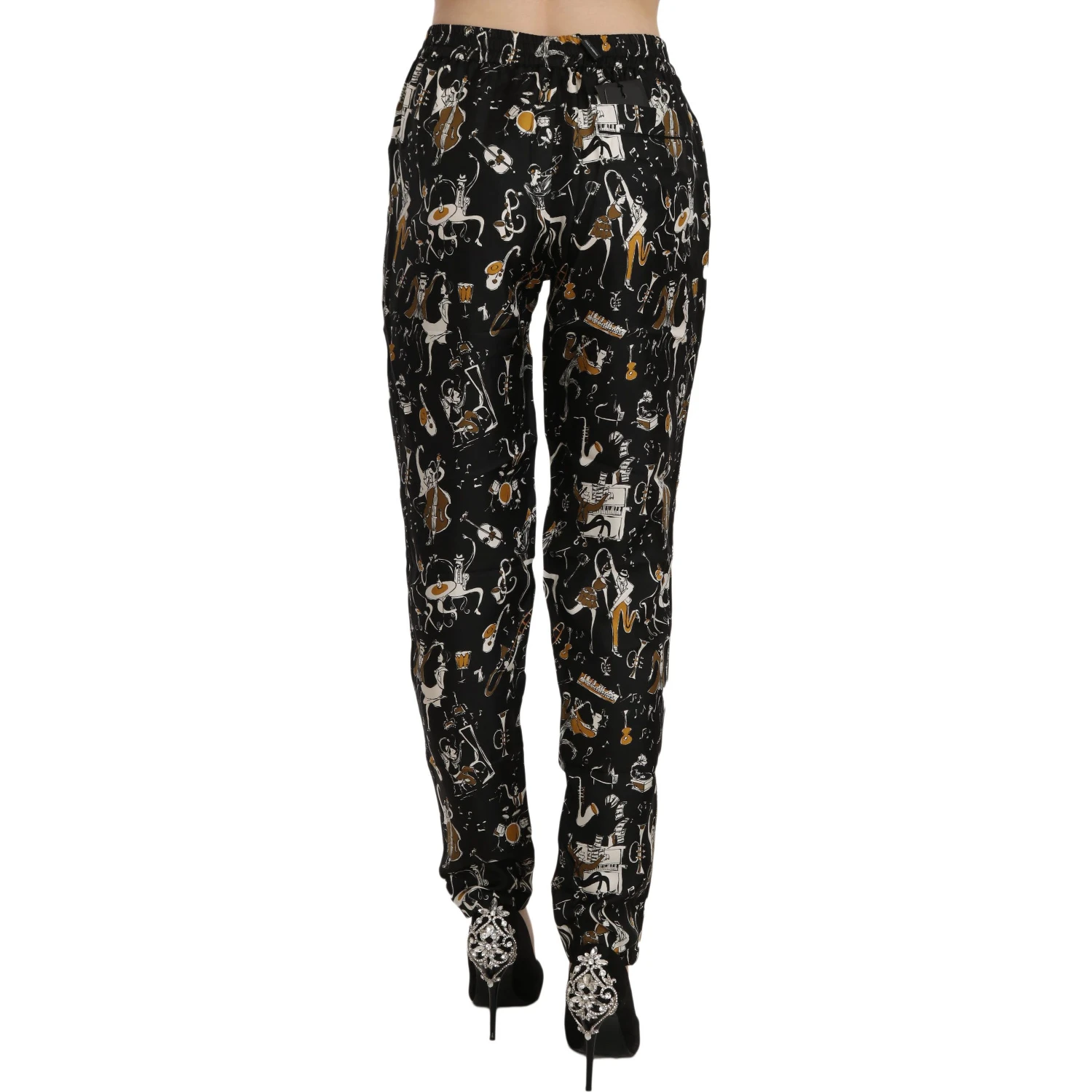 Black Jazz Club Print High Waist Tapered Pants