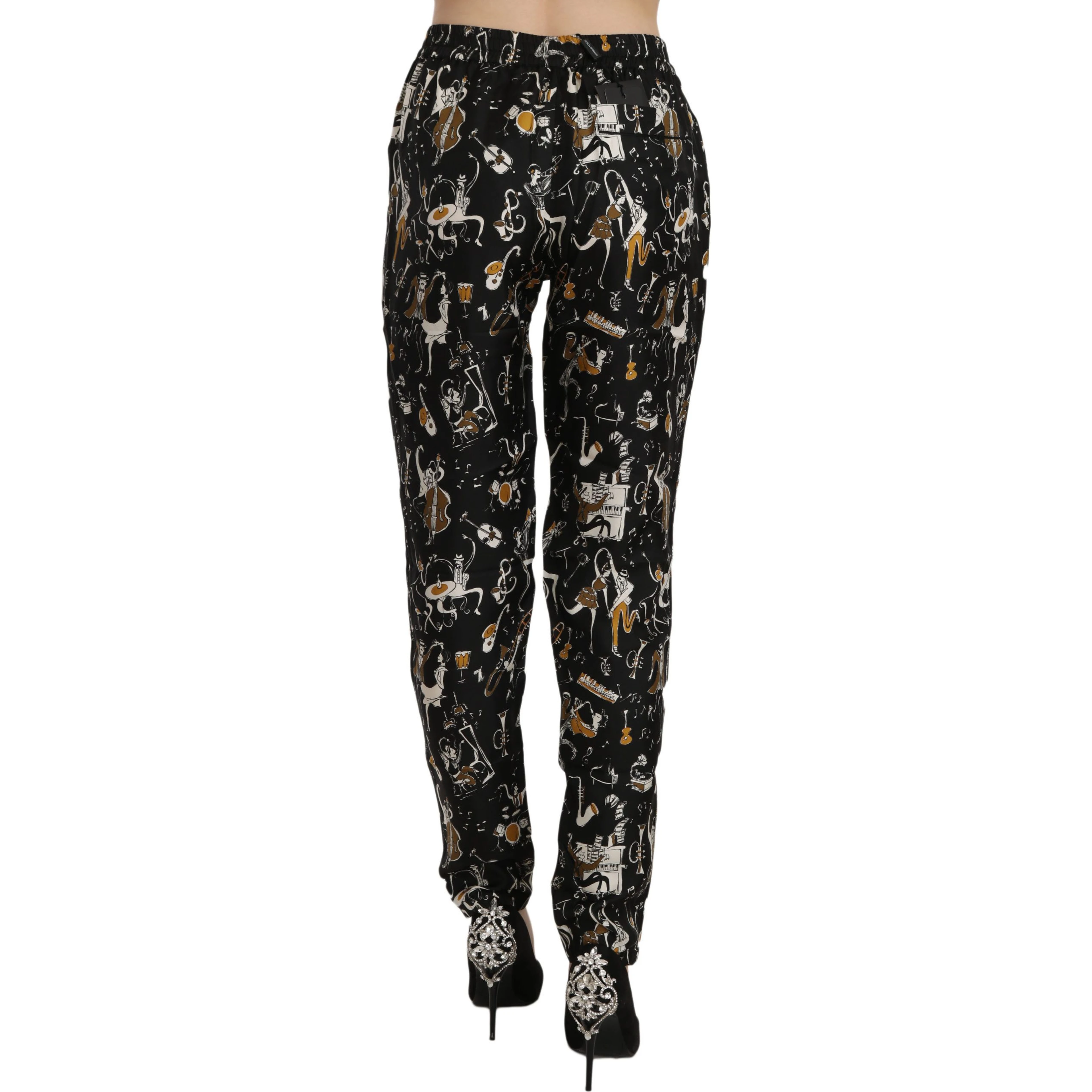 Black Jazz Club Print High Waist Tapered Pants