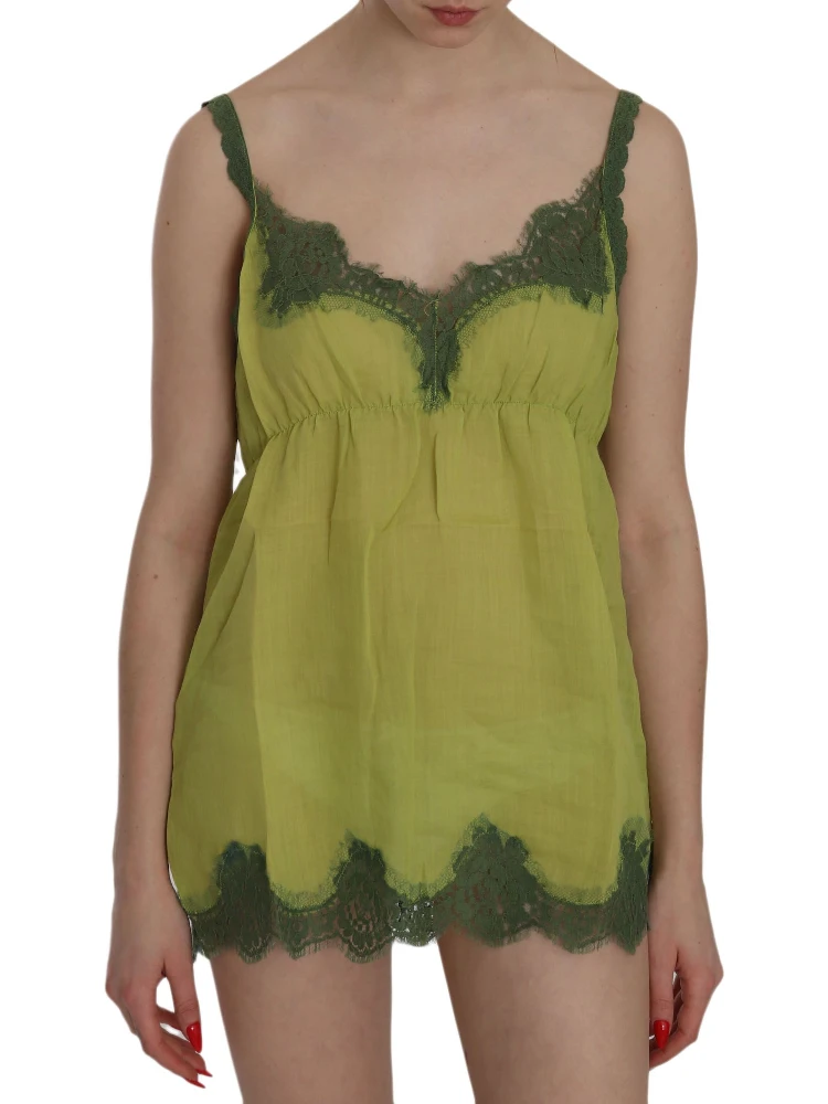 Green Lace Spaghetti Strap Tank Top Blouse