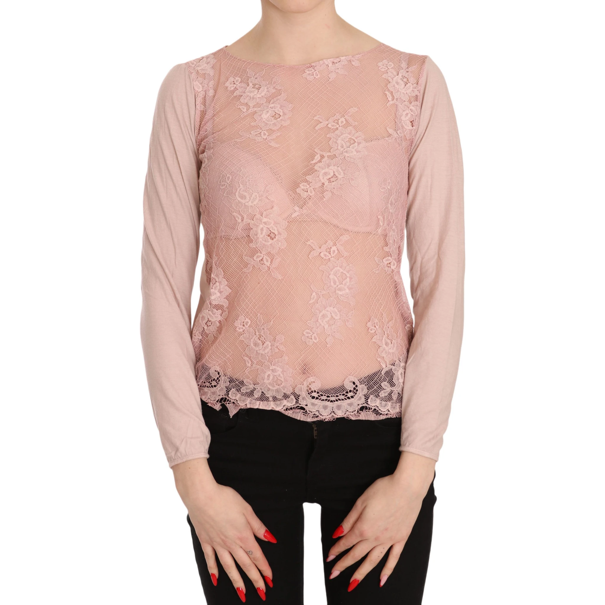 Pink Lace See Through Long Sleeve Top Blouse