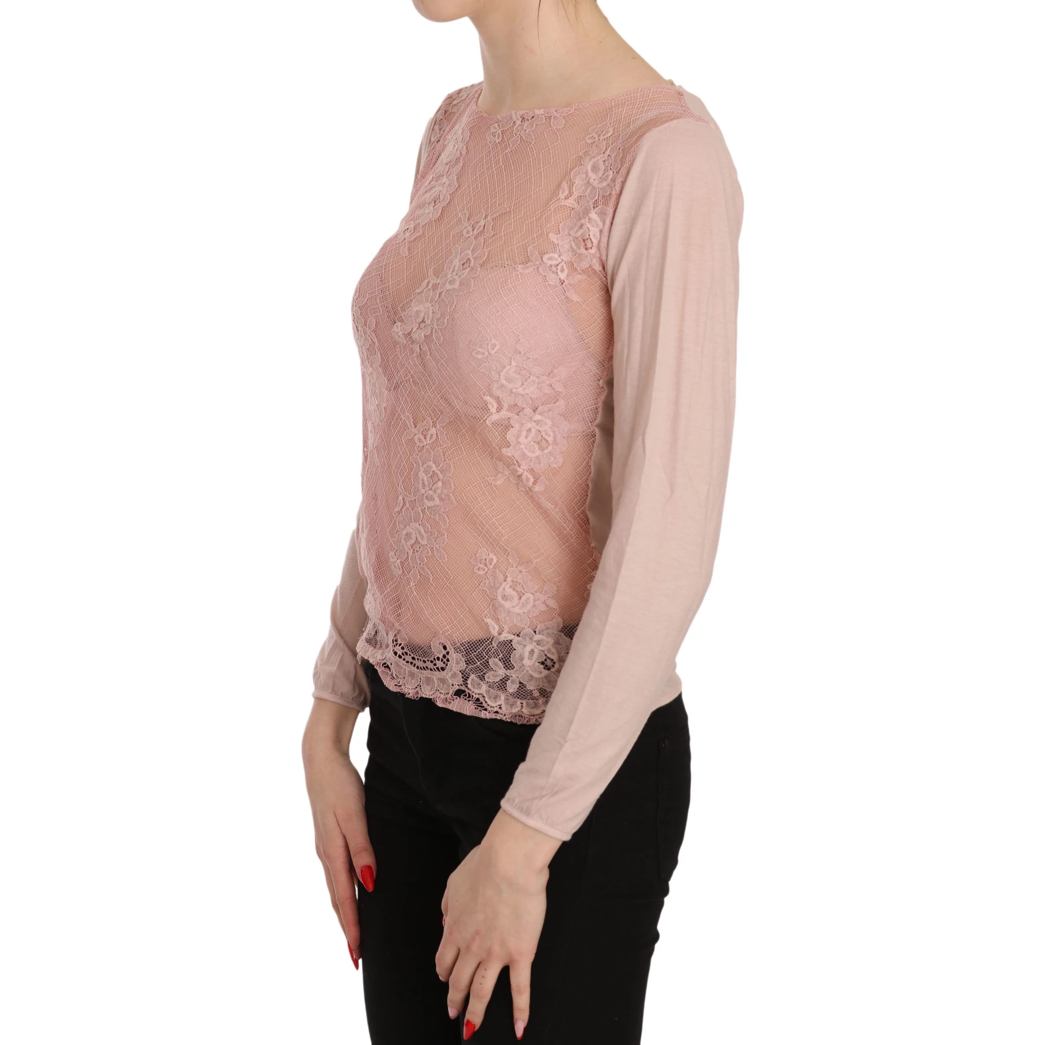 Pink Lace See Through Long Sleeve Top Blouse