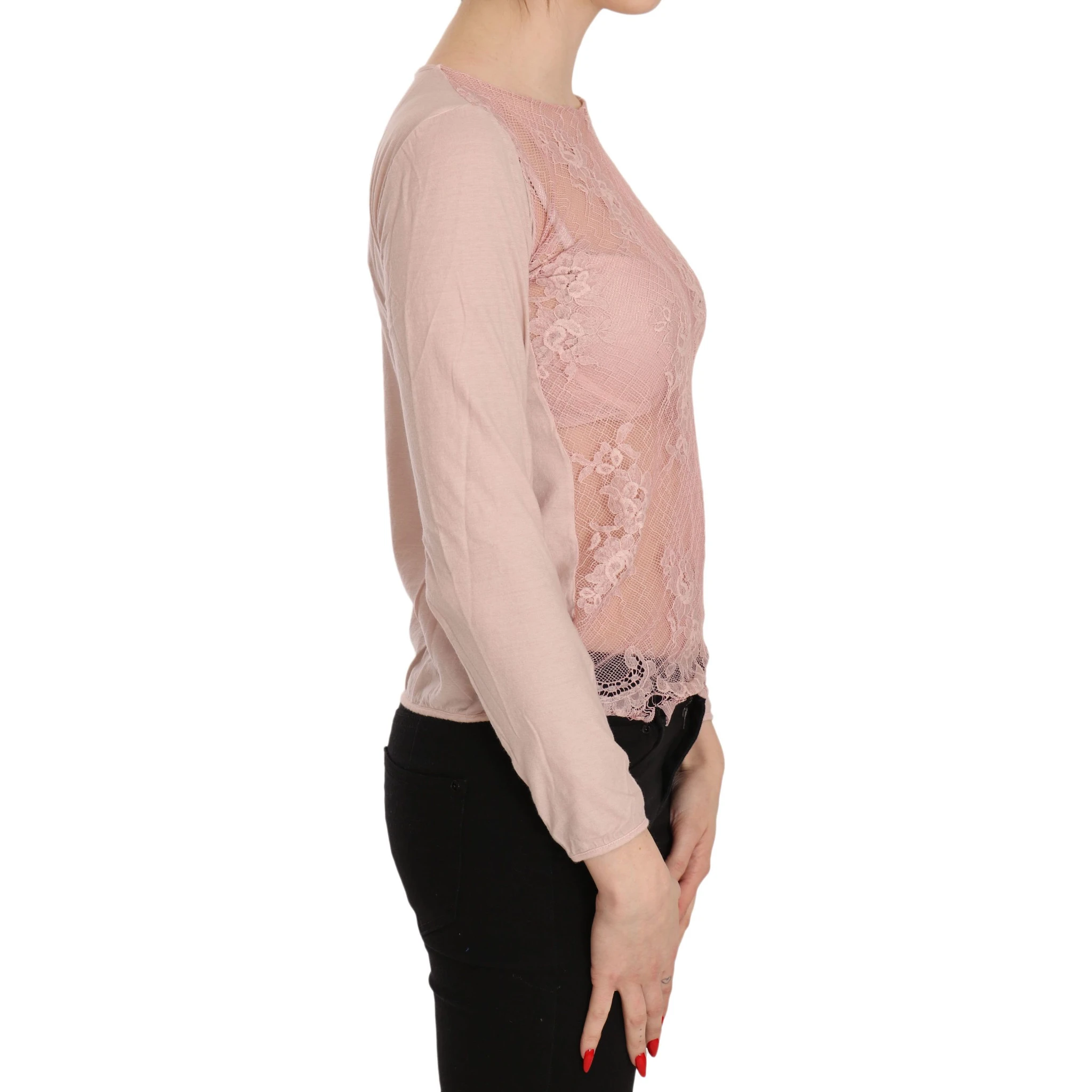 Pink Lace See Through Long Sleeve Top Blouse
