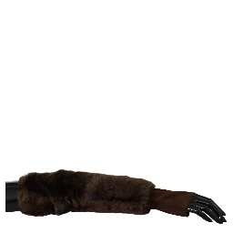 Brown Elbow Length Finger Less Fur Gloves
