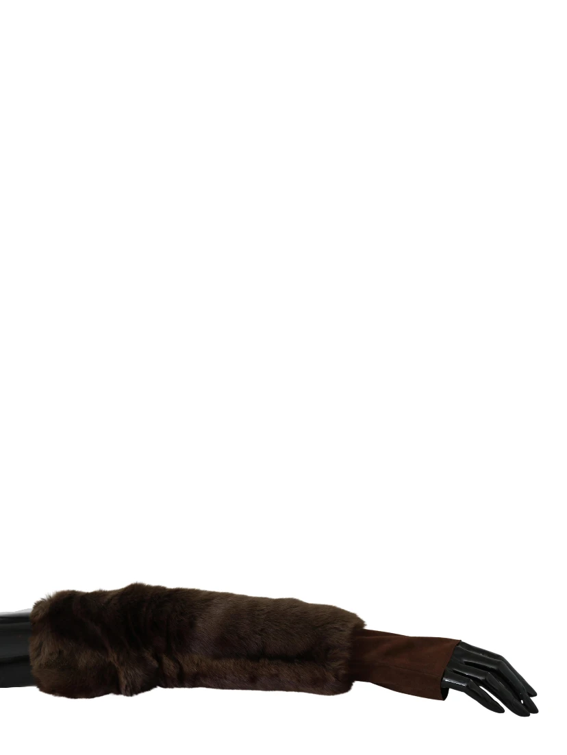 Brown Elbow Length Finger Less Fur Gloves