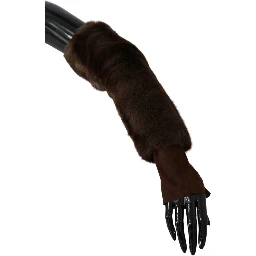 Brown Elbow Length Finger Less Fur Gloves
