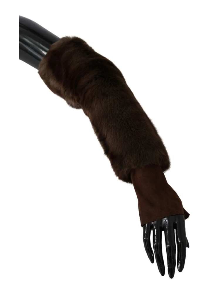 Brown Elbow Length Finger Less Fur Gloves alternative