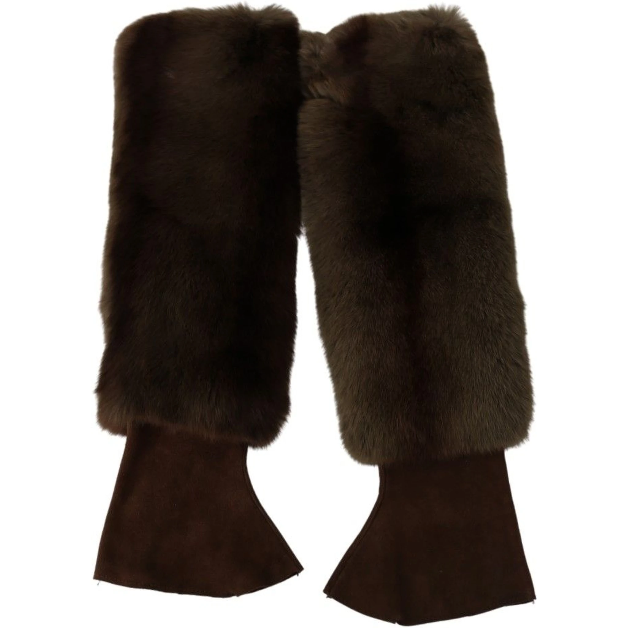 Brown Elbow Length Finger Less Fur Gloves
