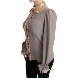 Gray Silk Gold Sequin Lace Blouse Shirt