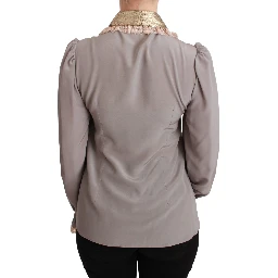 Gray Silk Gold Sequin Lace Blouse Shirt