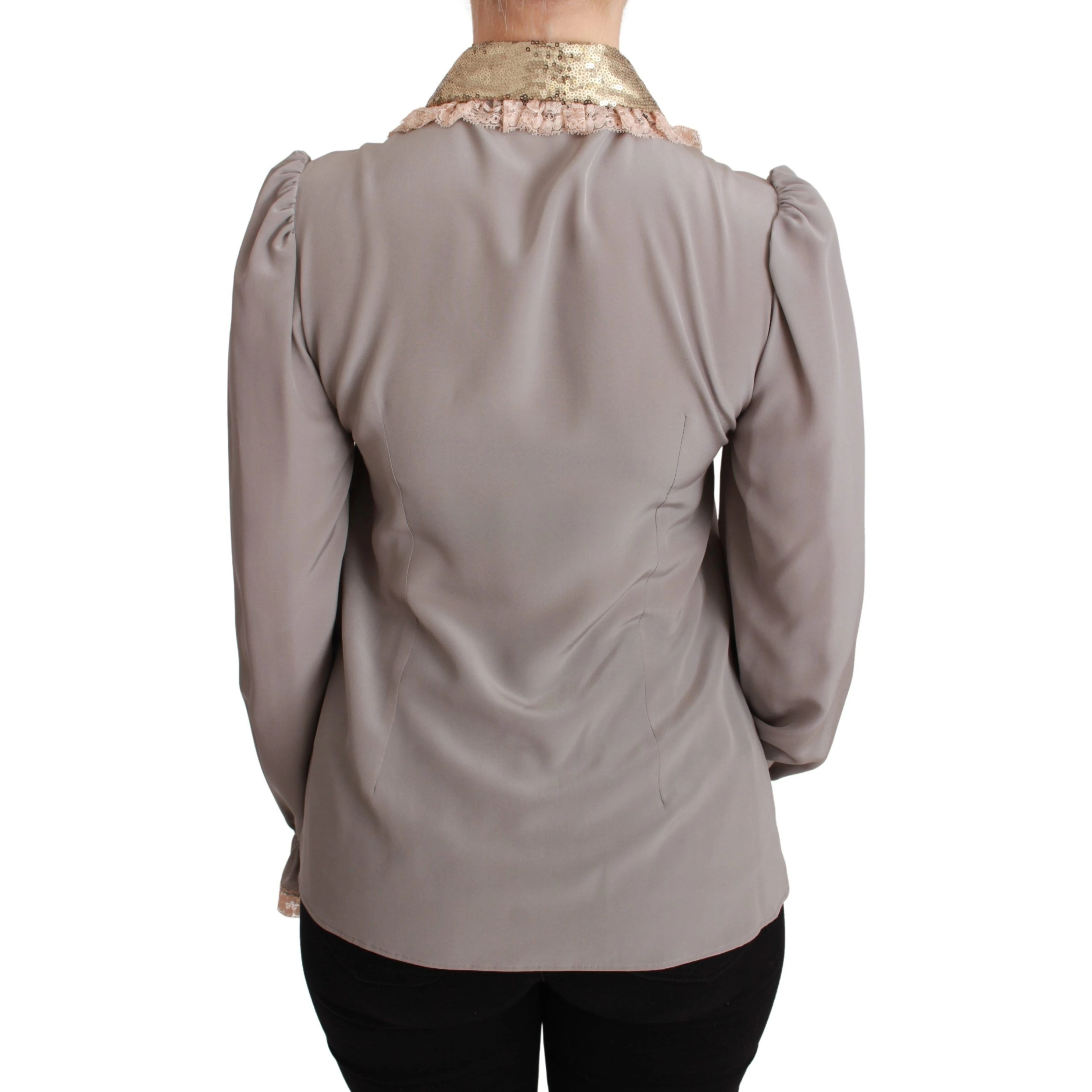 Gray Silk Gold Sequin Lace Blouse Shirt